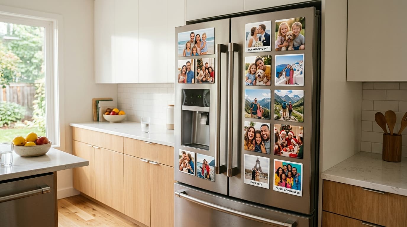 Custom photo magnets displayed on a refrigerator
