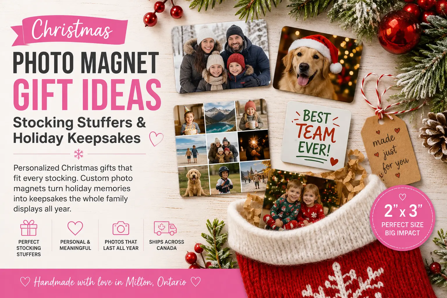 Family Christmas photos printed as 2×3 fridge magnets