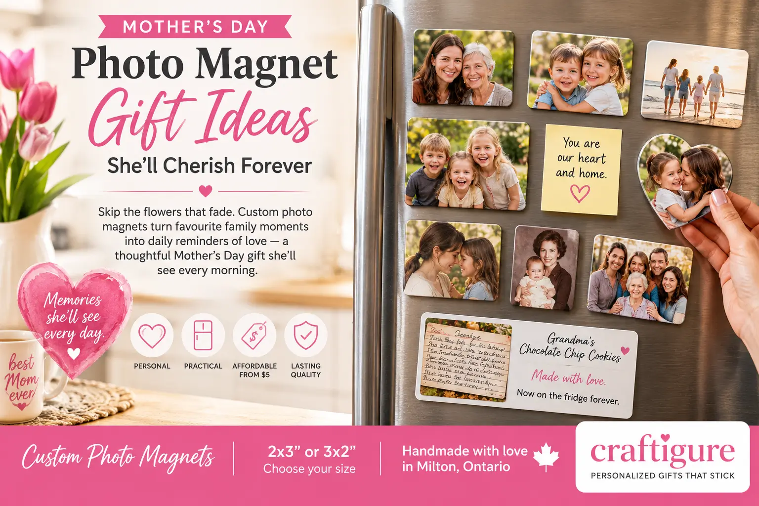 Family photos printed as Mother’s Day 2×3 fridge magnets